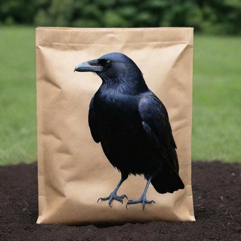 Imagine a majestic crow sitting calmly on an unmarked bag of fertilizer. Its shimmering black plumage contrasts the plain, earth-toned bag, adding an air of mystery and intrigue to a simple scene.