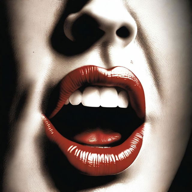 A movie poster featuring a close-up of a woman's mouth, opened to reveal a jump drive resting on her tongue