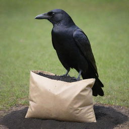 Imagine a majestic crow sitting calmly on an unmarked bag of fertilizer. Its shimmering black plumage contrasts the plain, earth-toned bag, adding an air of mystery and intrigue to a simple scene.