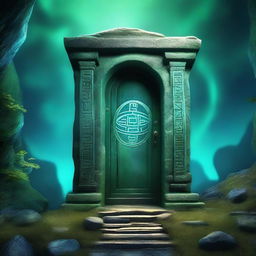 A magical portal to another dimension, resembling a door through which the destination is faintly visible