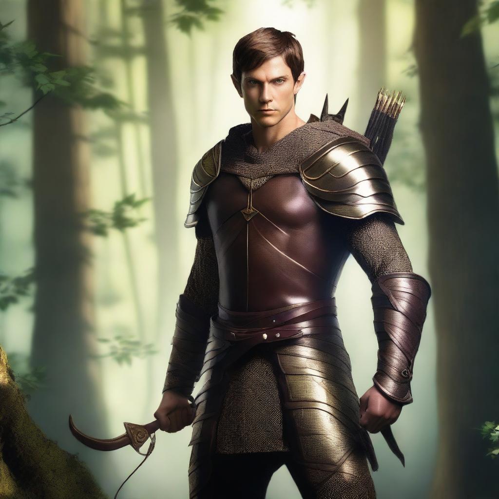 A male wood elf warrior with short brown hair and gold eyes, wearing leather armor and holding a black war longbow