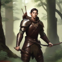 A male wood elf warrior with short brown hair and gold eyes, wearing leather armor and holding a black war longbow