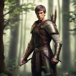 A male wood elf warrior with short brown hair and gold eyes, wearing leather armor and holding a black war longbow