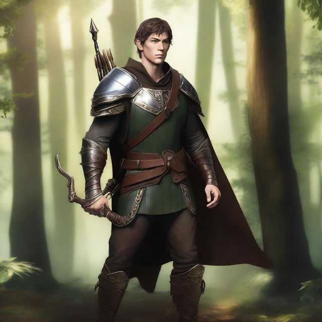 A male wood elf warrior with short brown hair and gold eyes, wearing leather armor and holding a black war longbow