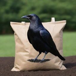 Imagine a majestic crow sitting calmly on an unmarked bag of fertilizer. Its shimmering black plumage contrasts the plain, earth-toned bag, adding an air of mystery and intrigue to a simple scene.