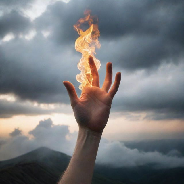 An ethereal hand reaching down from a cloudy sky, igniting a flame on the surface of the earth.