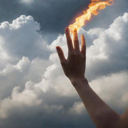 An ethereal hand reaching down from a cloudy sky, igniting a flame on the surface of the earth.