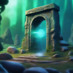 A fantasy scene featuring a magical portal to another dimension, resembling a door through which the destination is faintly visible