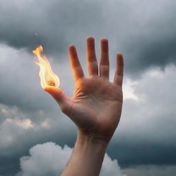 An ethereal hand reaching down from a cloudy sky, igniting a flame on the surface of the earth.