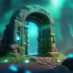 A fantasy scene featuring a magical portal to another dimension, resembling a door through which the destination is faintly visible