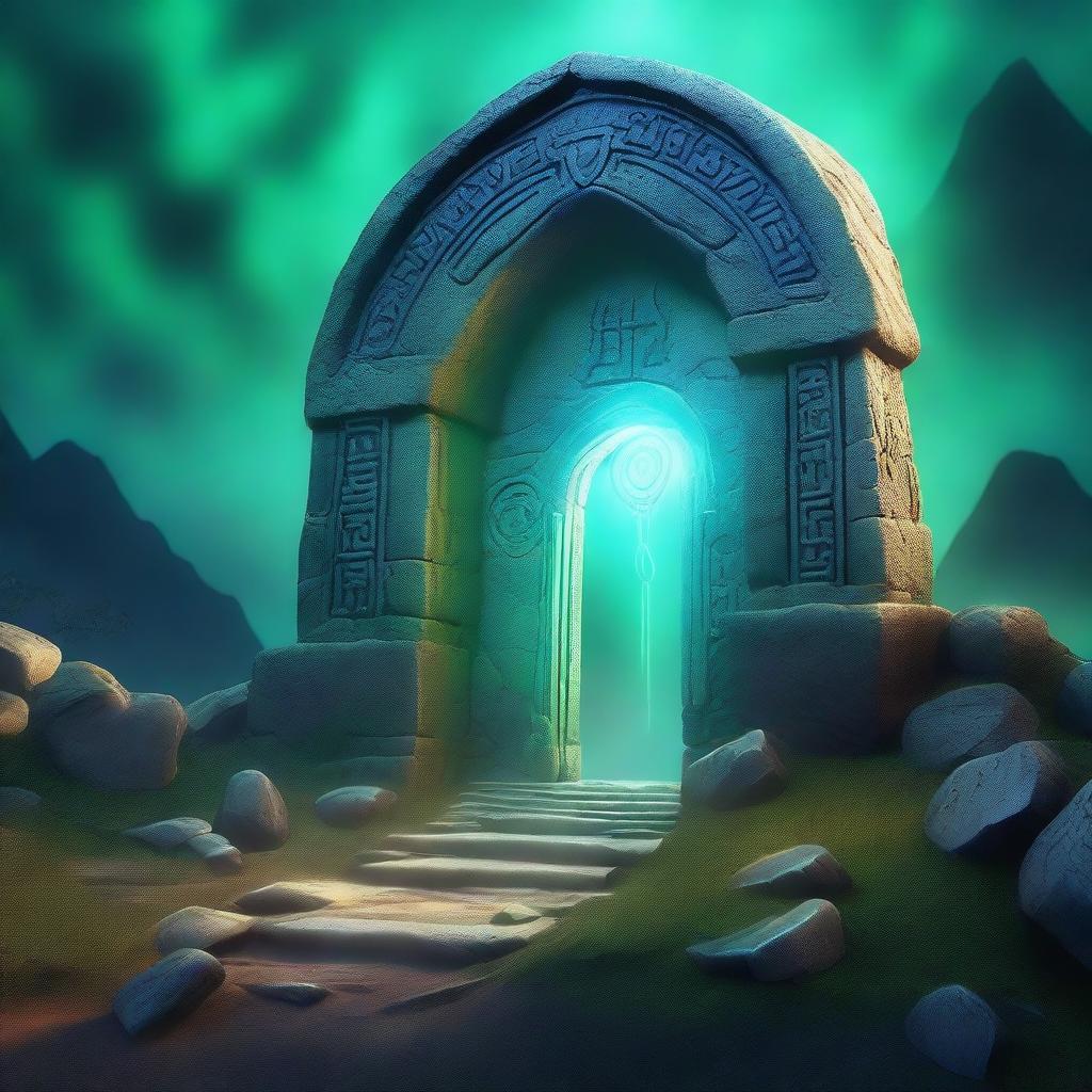 A fantasy scene featuring a magical portal to another dimension, resembling a door through which the destination is faintly visible