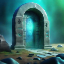 A fantasy scene featuring a magical portal to another dimension, resembling a door through which the destination is faintly visible