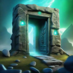 A fantasy scene featuring a magical portal to another dimension, resembling a door through which the destination is faintly visible