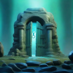 A fantasy scene featuring a magical portal to another dimension, resembling a door through which the destination is faintly visible