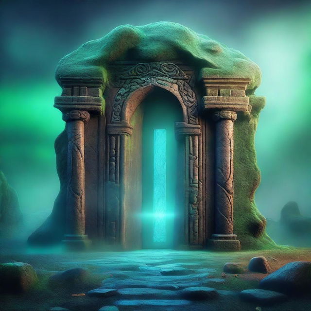 A fantasy scene featuring a magical portal to another dimension, resembling a door through which the destination is faintly visible