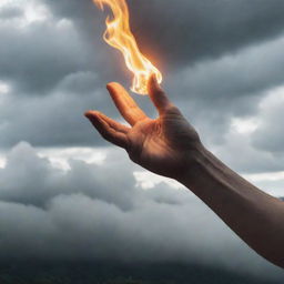 An ethereal hand reaching down from a cloudy sky, igniting a flame on the surface of the earth.