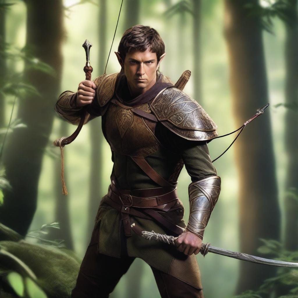 A sturdy male wood elf warrior with short brown hair and golden eyes, wearing leather armor and aiming with a black war longbow