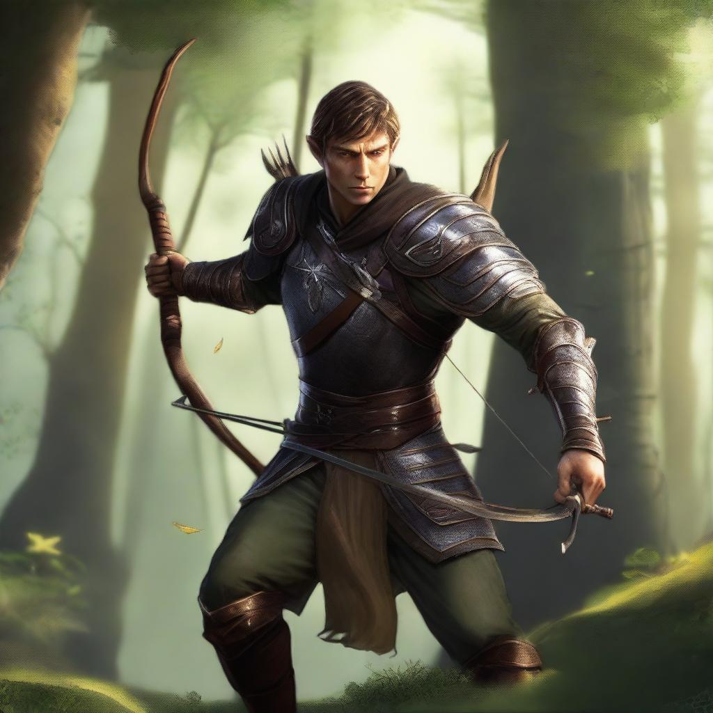 A sturdy male wood elf warrior with short brown hair and golden eyes, wearing leather armor and aiming with a black war longbow