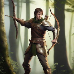 A sturdy male wood elf warrior with short brown hair and golden eyes, wearing leather armor and aiming with a black war longbow