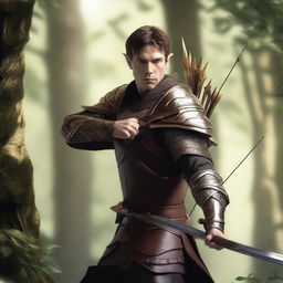 A sturdy male wood elf warrior with short brown hair and golden eyes, wearing leather armor and aiming with a black war longbow