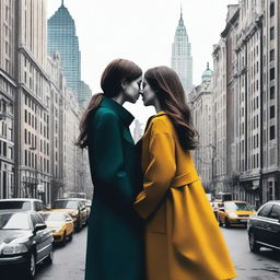 A realistic image of two women lovers in the middle of a bustling city, reaching out towards each other but unable to touch