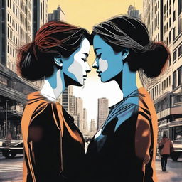 A realistic image of two women lovers in the middle of a bustling city, reaching out towards each other but unable to touch