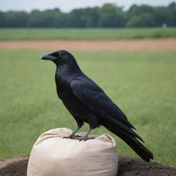 Imagine a mysterious scene where a jet-black crow is perched resiliently on an unmarked fertilizer bag, standing not at the forefront but subtly in the backdrop. The crow's intense gaze contrasts with the serene surroundings.