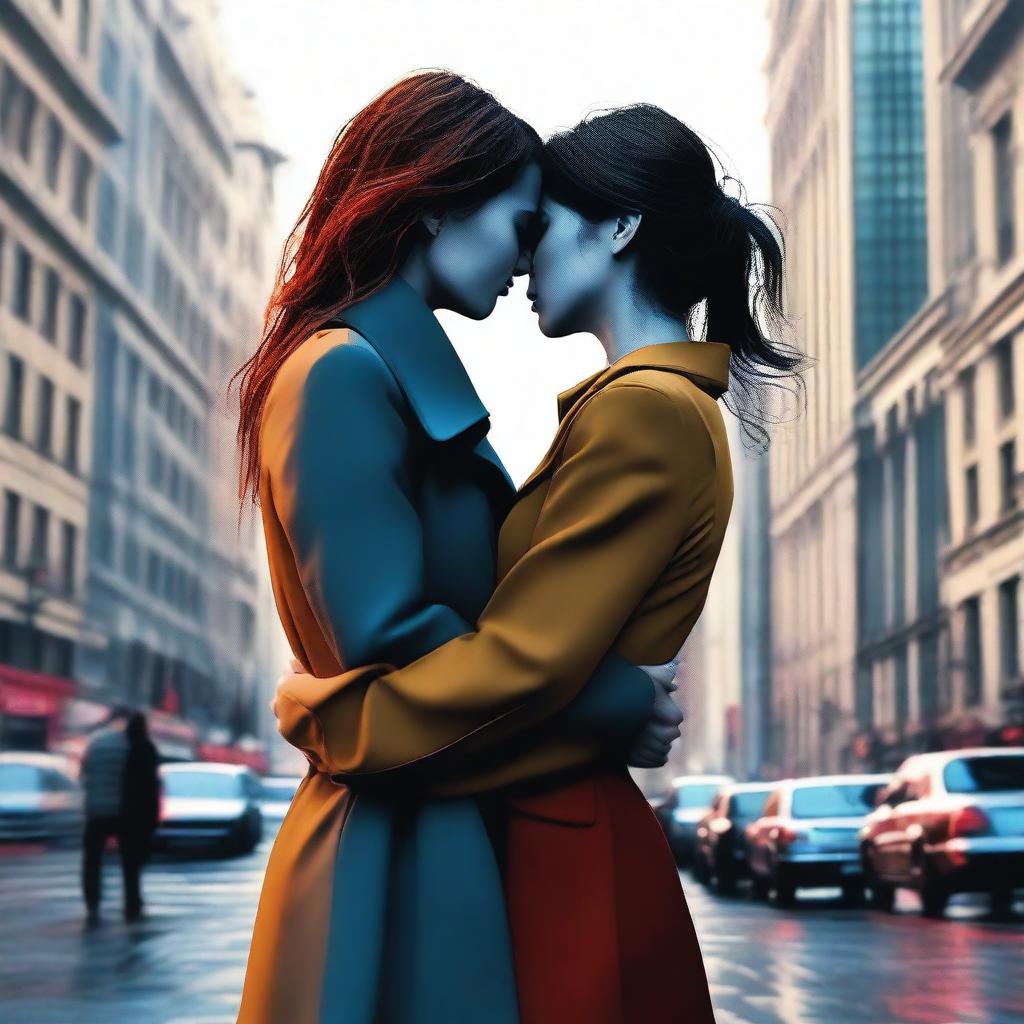 A realistic image of two women lovers in the middle of a bustling city, reaching out towards each other but unable to touch