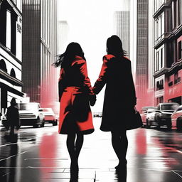 A realistic image of two women lovers in the middle of a bustling city, reaching out towards each other but unable to touch