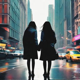 A highly realistic image of two women lovers in the middle of a bustling city, reaching out towards each other but unable to touch