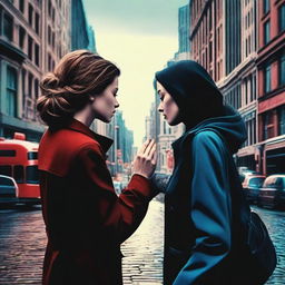 A highly realistic image of two women lovers in the middle of a bustling city, reaching out towards each other but unable to touch