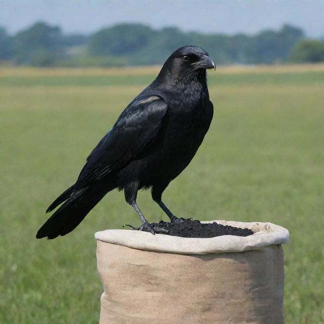 Imagine a mysterious scene where a jet-black crow is perched resiliently on an unmarked fertilizer bag, standing not at the forefront but subtly in the backdrop. The crow's intense gaze contrasts with the serene surroundings.