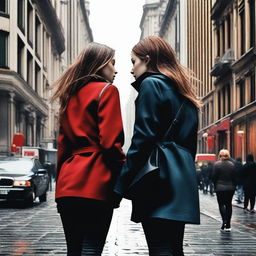 A highly realistic image of two women lovers in the middle of a bustling city, reaching out towards each other but unable to touch