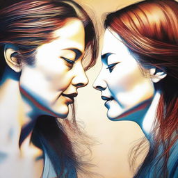 A realistic image of two women lovers reaching out towards each other but unable to touch