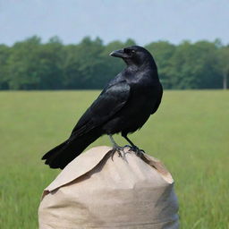 Imagine a mysterious scene where a jet-black crow is perched resiliently on an unmarked fertilizer bag, standing not at the forefront but subtly in the backdrop. The crow's intense gaze contrasts with the serene surroundings.