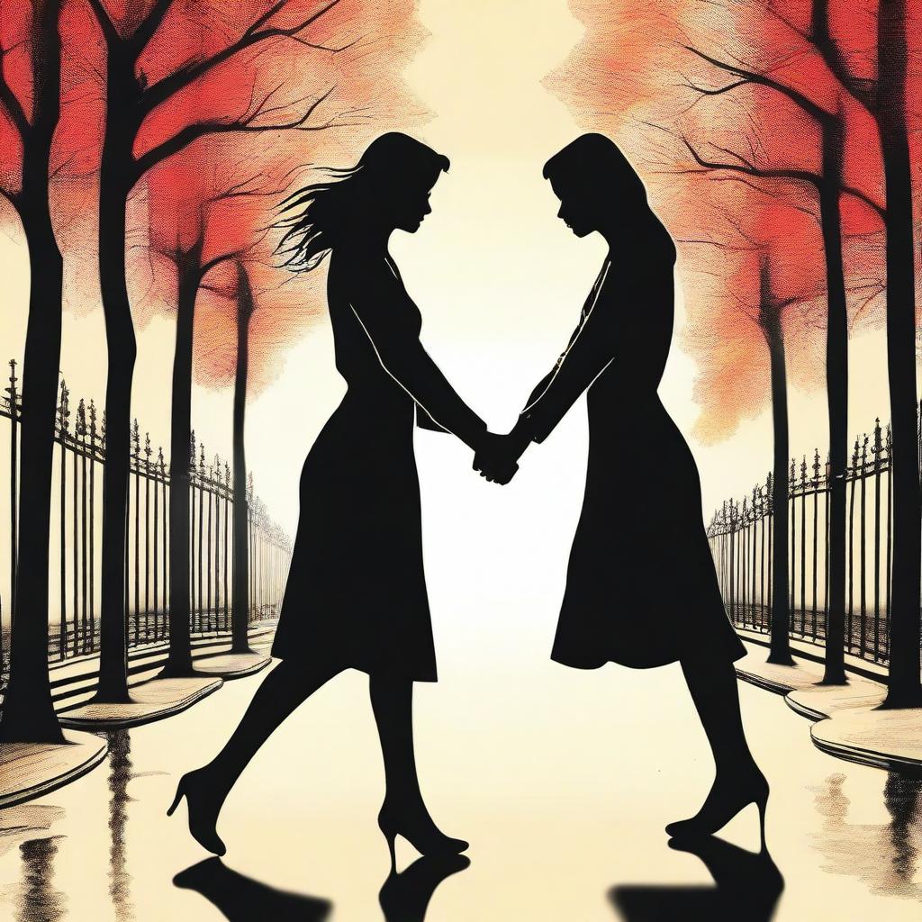 A realistic image of two women lovers who are separated and trying to reach each other to be together