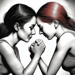 A realistic image of two women lovers who are separated and trying to reach each other to be together