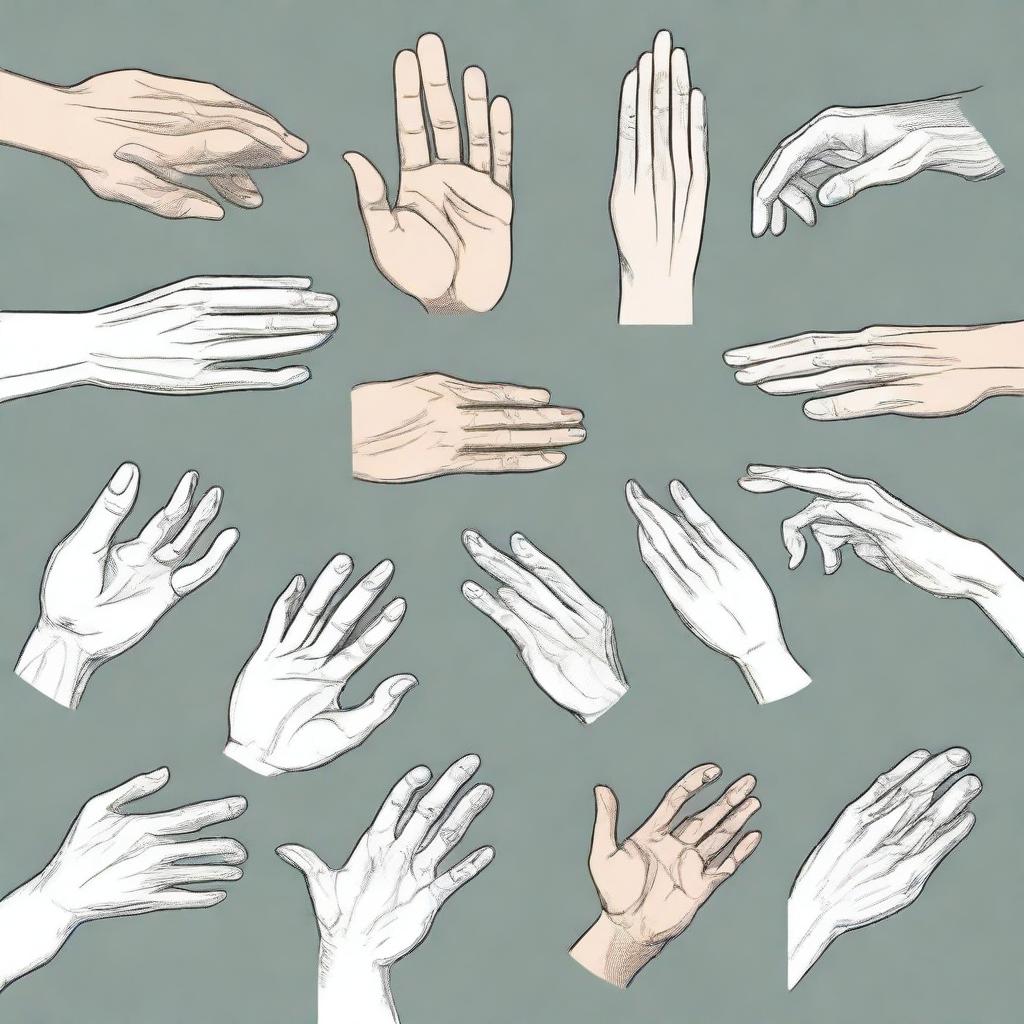 A detailed illustration of various human hands in different positions and gestures