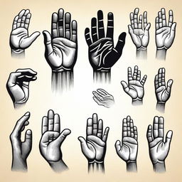 A detailed illustration of various human hands in different positions and gestures