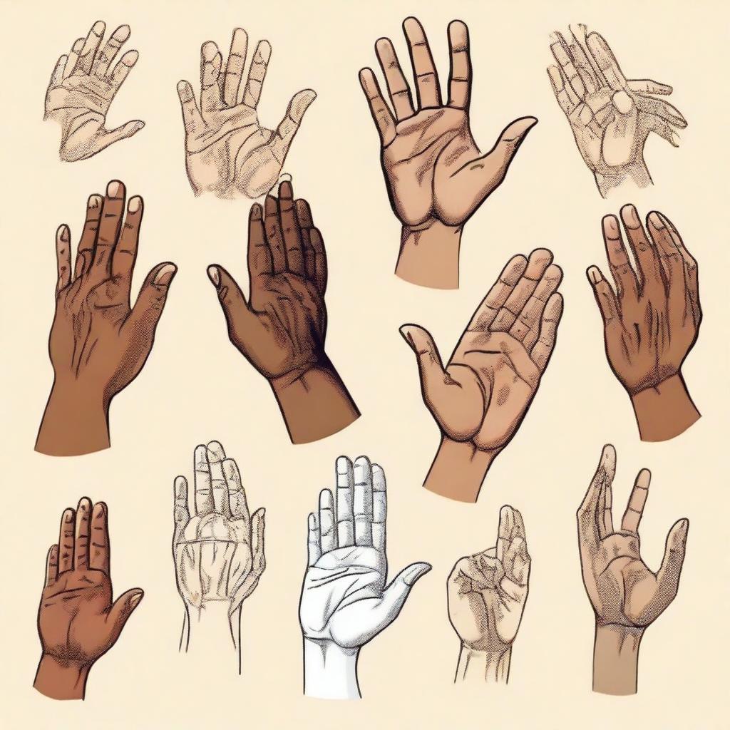 A detailed illustration of various human hands in different positions and gestures