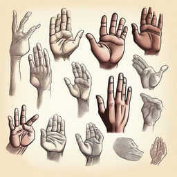 A detailed illustration of various human hands in different positions and gestures