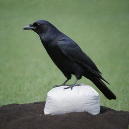 Imagine a mysterious scene where a jet-black crow is perched resiliently on an unmarked fertilizer bag, standing not at the forefront but subtly in the backdrop. The crow's intense gaze contrasts with the serene surroundings.