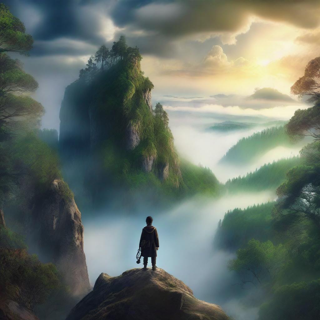 A captivating movie poster featuring a mysterious protagonist standing on a cliff overlooking a vast, enchanted forest