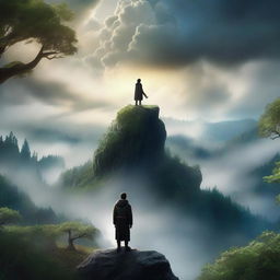 A captivating movie poster featuring a mysterious protagonist standing on a cliff overlooking a vast, enchanted forest