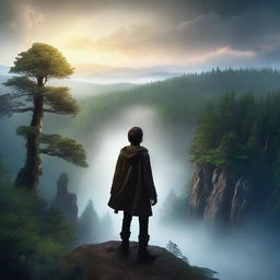 A captivating movie poster featuring a mysterious protagonist standing on a cliff overlooking a vast, enchanted forest