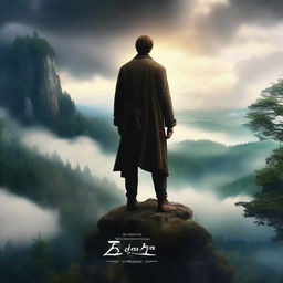 A captivating movie poster featuring a mysterious protagonist standing on a cliff overlooking a vast, enchanted forest