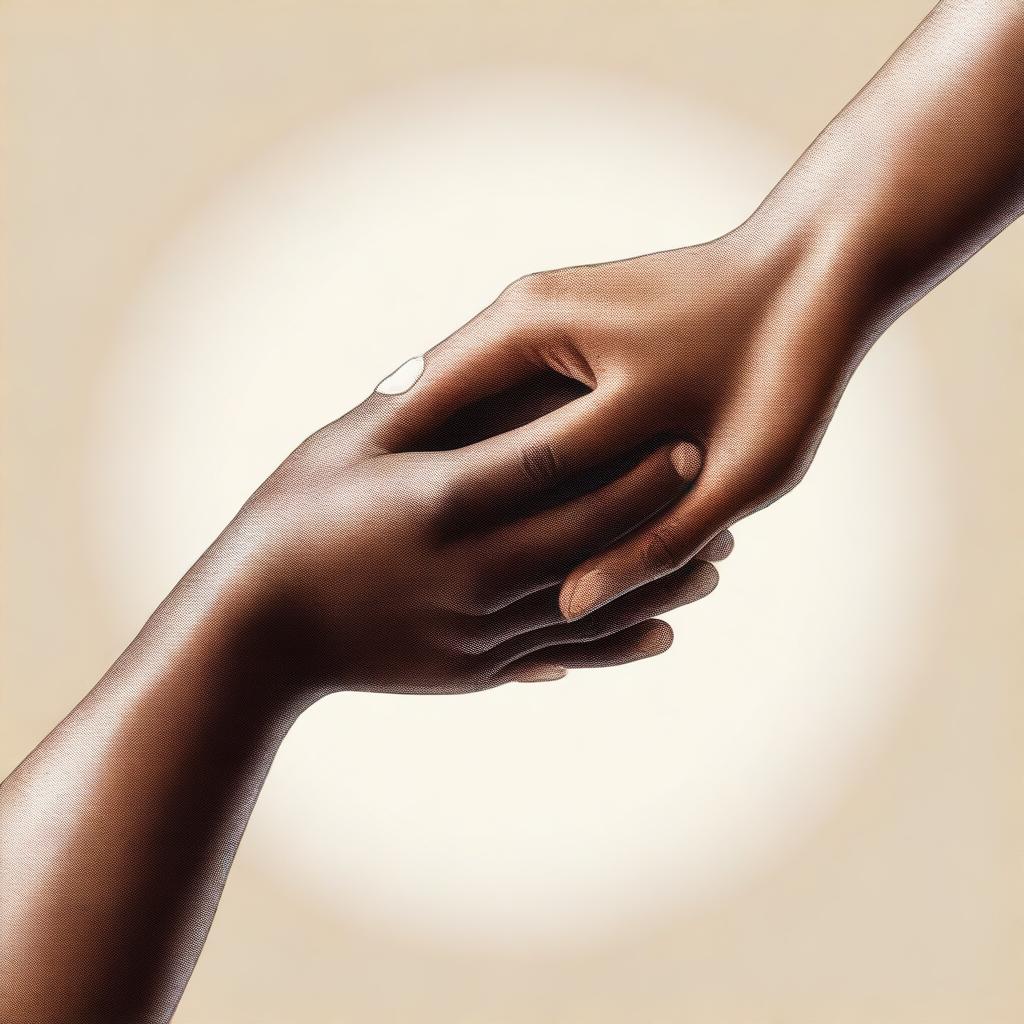 A realistic illustration of two women's hands reaching out towards each other, trying to come together