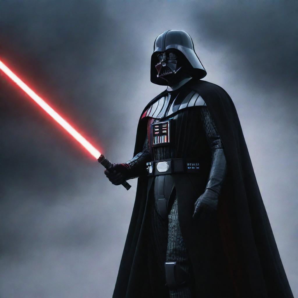 A dramatic, cinematic shot of Darth Vader, fully clad in his iconic black armor, with his crimson lightsaber ignited. He stands amidst swirling mists under an ominous, star-filled sky.