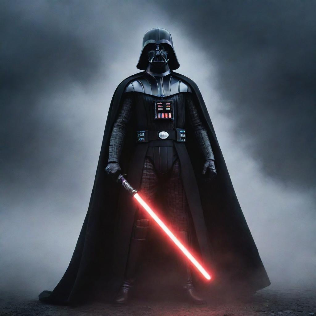 A dramatic, cinematic shot of Darth Vader, fully clad in his iconic black armor, with his crimson lightsaber ignited. He stands amidst swirling mists under an ominous, star-filled sky.