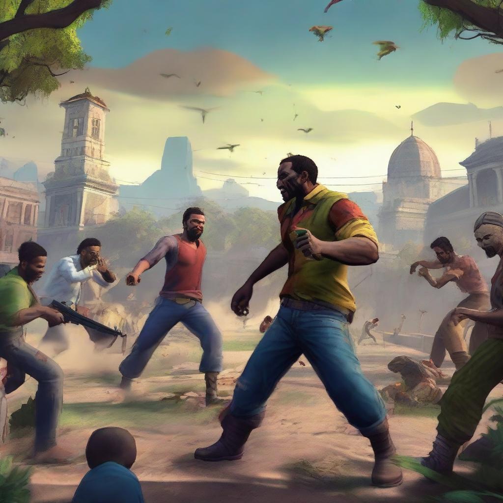 A vibrant and dynamic gameplay scene from the game Mega Zombie on PS4, depicting the recovery of Latin America